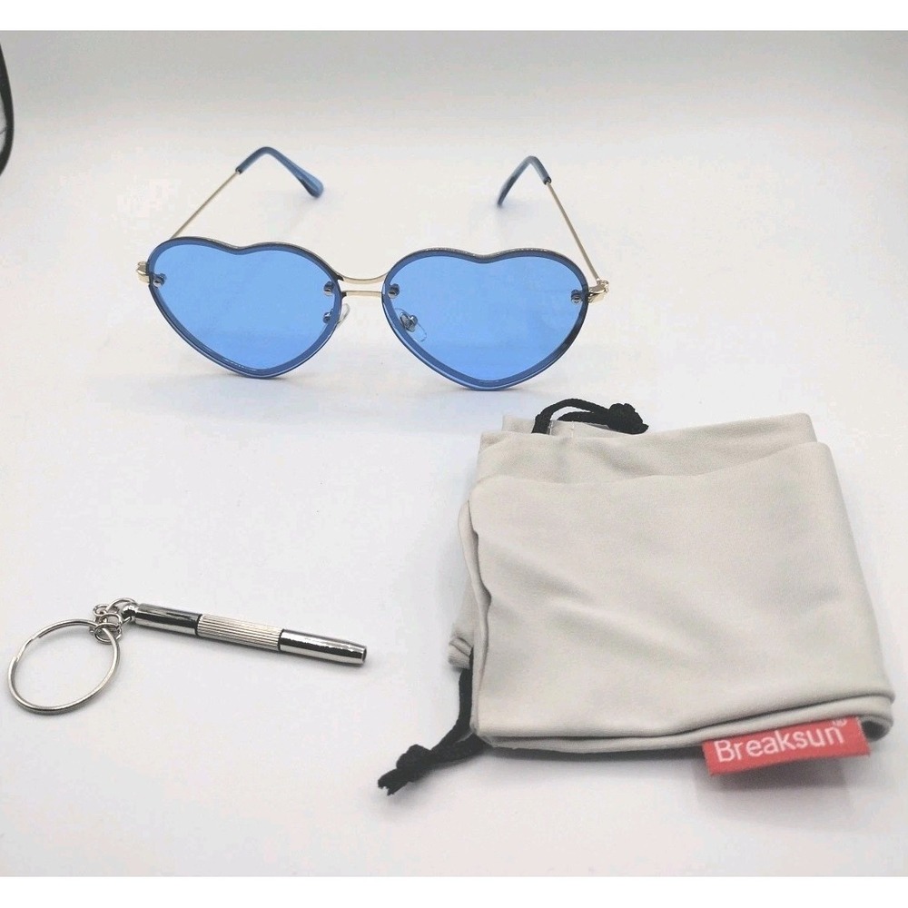 Breaksun Light Blue Heart Shaped Sunglasses Mens Womens Eyewear Blue Metal Frame